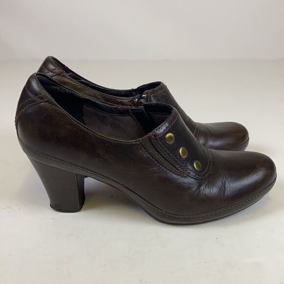 Clarks Artisan Brown Leather High Heel Clogs Size 8.5 A3 - Picture 6 of 10